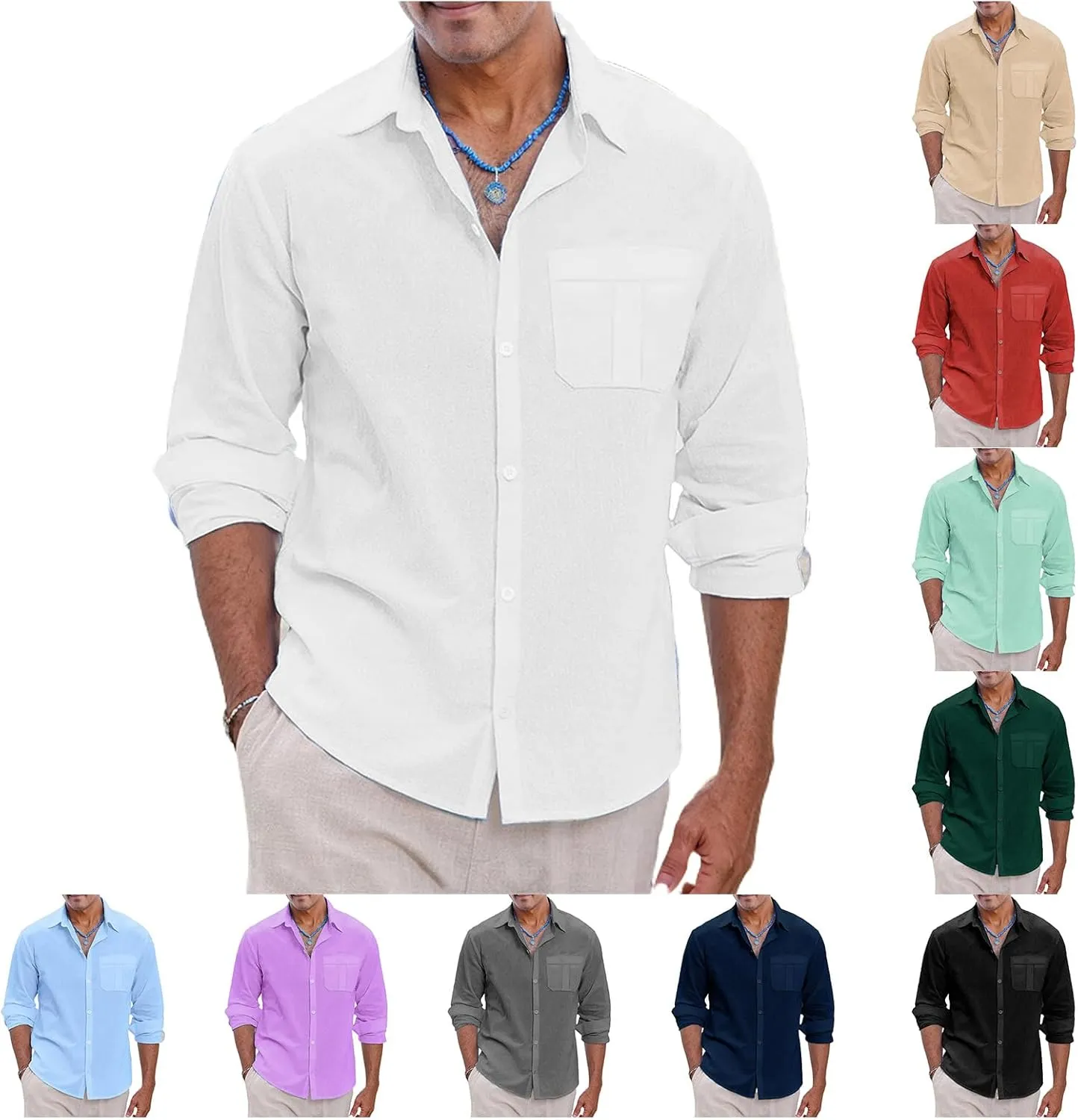 Mens Lightweight Button Down Shirt Casual Long Sleeve Untucked Dress Shirts Regular-Fit Spread Collar Linen Shirt
