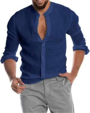 Mens Linen Button Down Shirts Casual Stylish Long Sleeve Business Dress Shirts Band Collar Summer Beach T Shirts Tops
