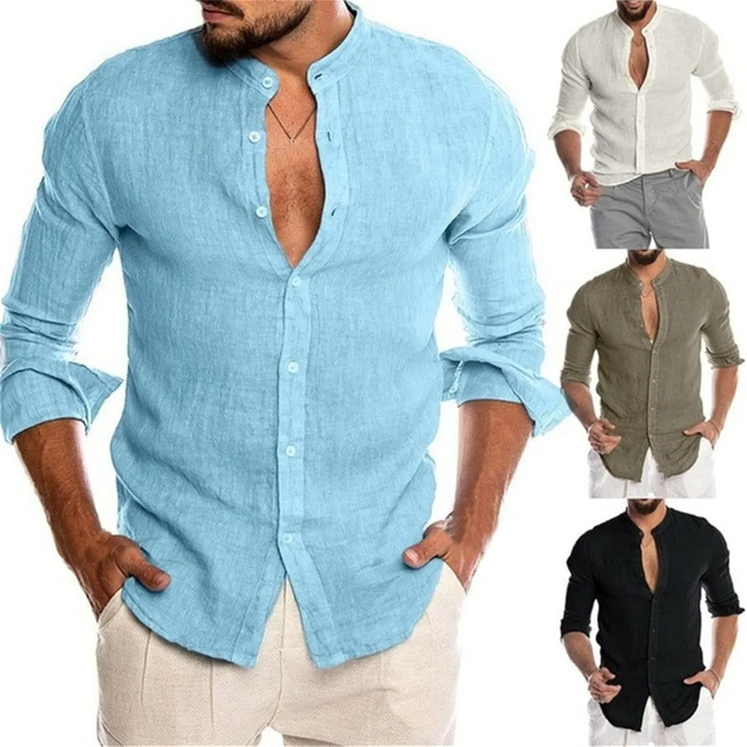 Mens Linen Button Down Shirts Casual Stylish Long Sleeve Business Dress Shirts Band Collar Summer Beach T Shirts Tops