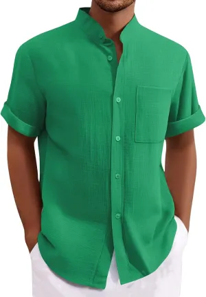 Mens Linen Shirt Big and Tall Banded Collar Short Sleeve Button Down Shirts Comfy Vacation Beach Shirt with Pockets