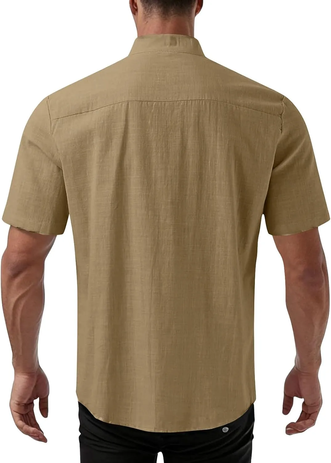 Mens Linen Shirt Big and Tall Banded Collar Short Sleeve Button Down Shirts Comfy Vacation Beach Shirt with Pockets