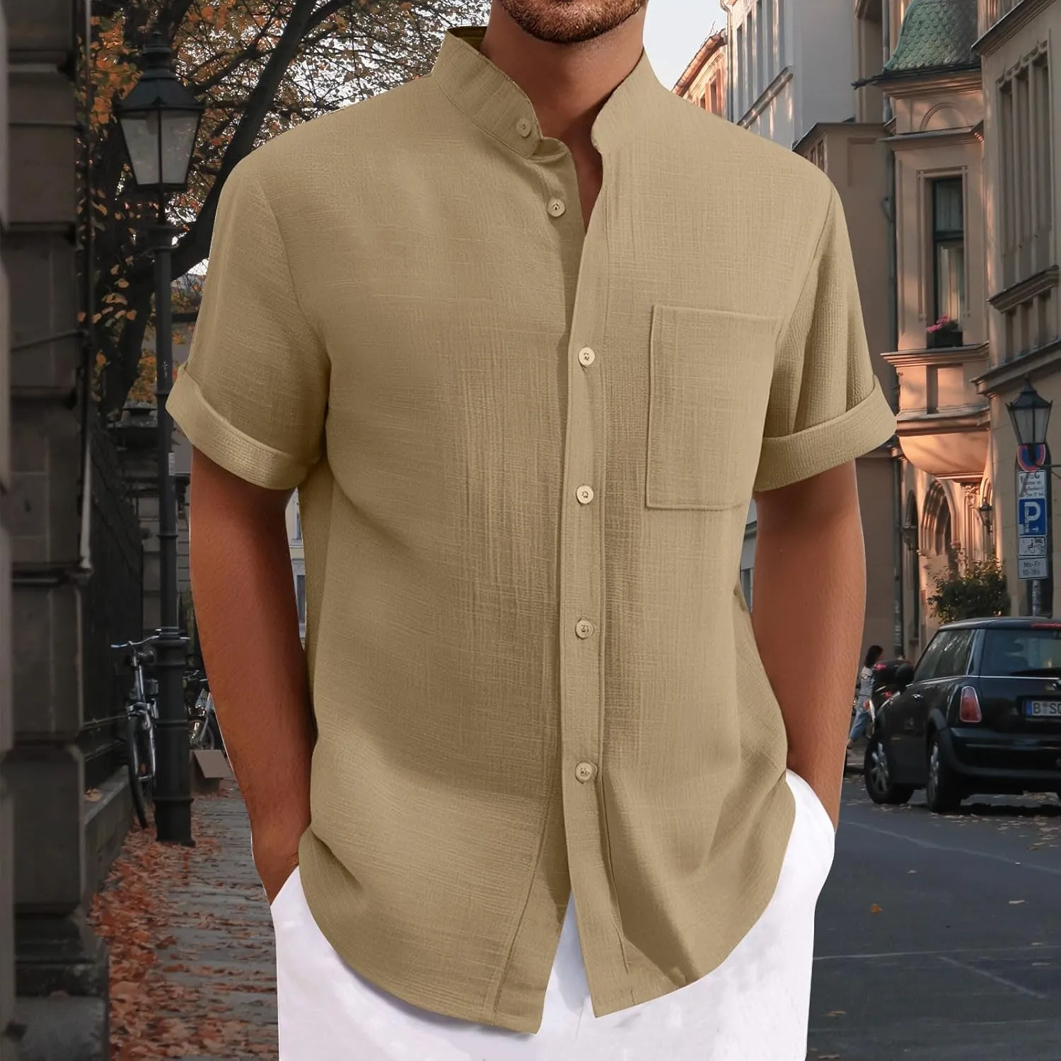 Mens Linen Shirt Big and Tall Banded Collar Short Sleeve Button Down Shirts Comfy Vacation Beach Shirt with Pockets