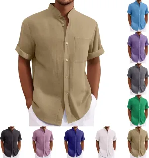Mens Linen Shirt Big and Tall Banded Collar Short Sleeve Button Down Shirts Comfy Vacation Beach Shirt with Pockets