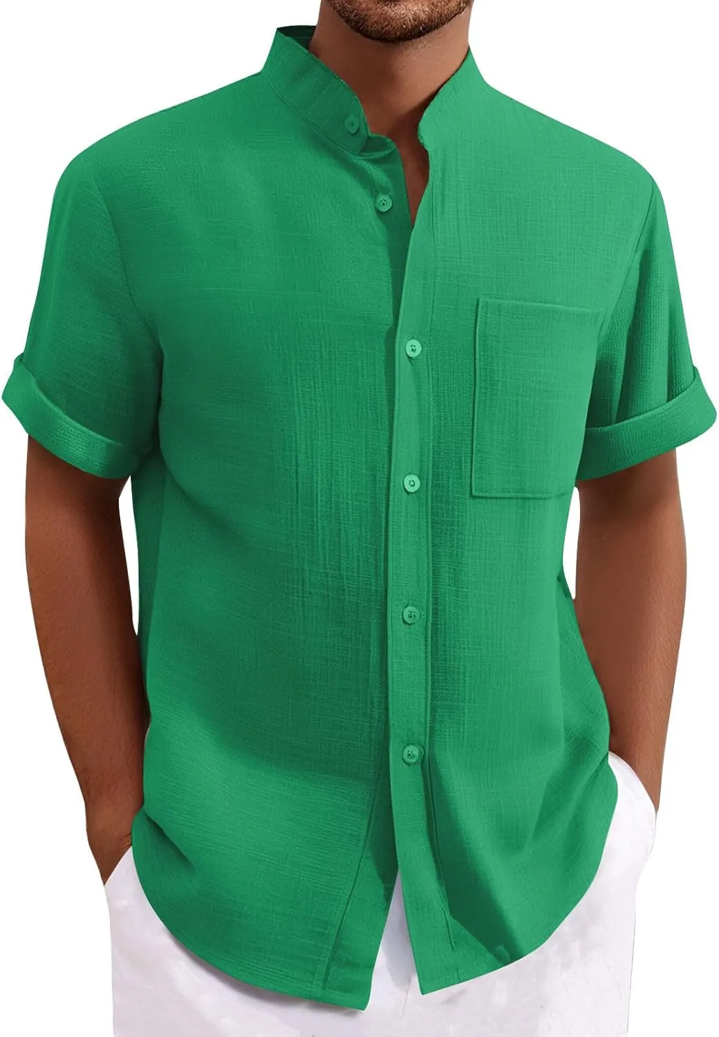 Mens Linen Shirt Big and Tall Banded Collar Short Sleeve Button Down Shirts Comfy Vacation Beach Shirt with Pockets