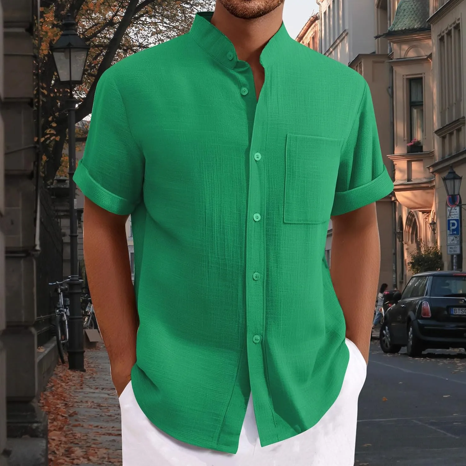 Mens Linen Shirt Big and Tall Banded Collar Short Sleeve Button Down Shirts Comfy Vacation Beach Shirt with Pockets