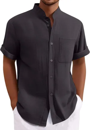 Mens Linen Shirt Big and Tall Banded Collar Short Sleeve Button Down Shirts Comfy Vacation Beach Shirt with Pockets