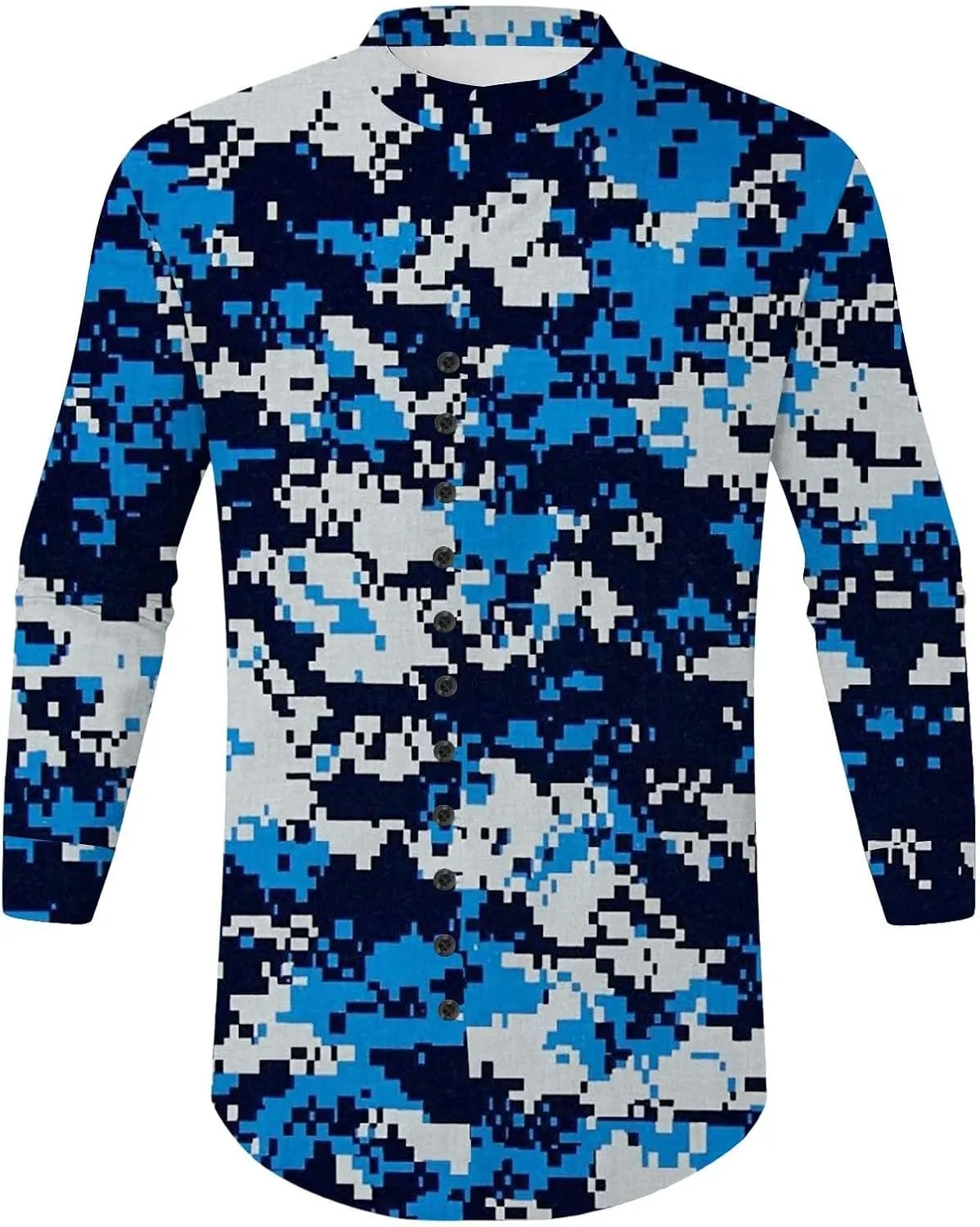 Mens Long Sleeve Camo Linen Shirts with Frog Buttons Stand Collar Travel Work Shirt Slim Fit Yoga Hawaiian Tunic Tops