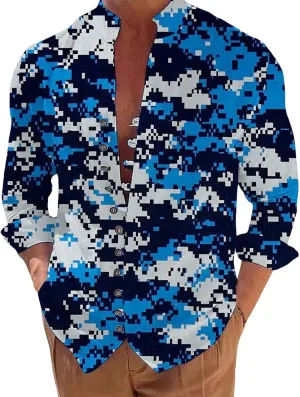 Mens Long Sleeve Camo Linen Shirts with Frog Buttons Stand Collar Travel Work Shirt Slim Fit Yoga Hawaiian Tunic Tops