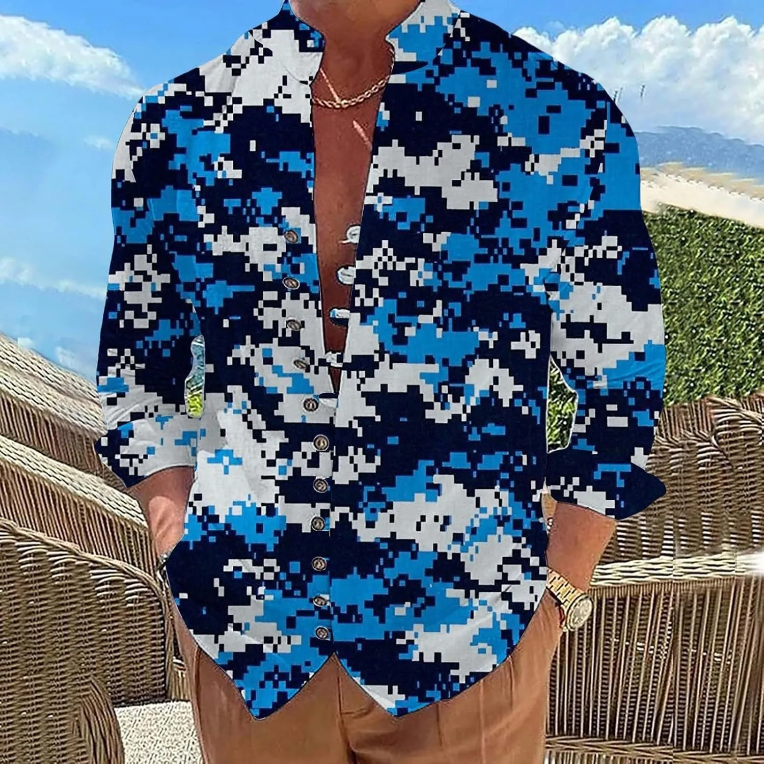 Mens Long Sleeve Camo Linen Shirts with Frog Buttons Stand Collar Travel Work Shirt Slim Fit Yoga Hawaiian Tunic Tops