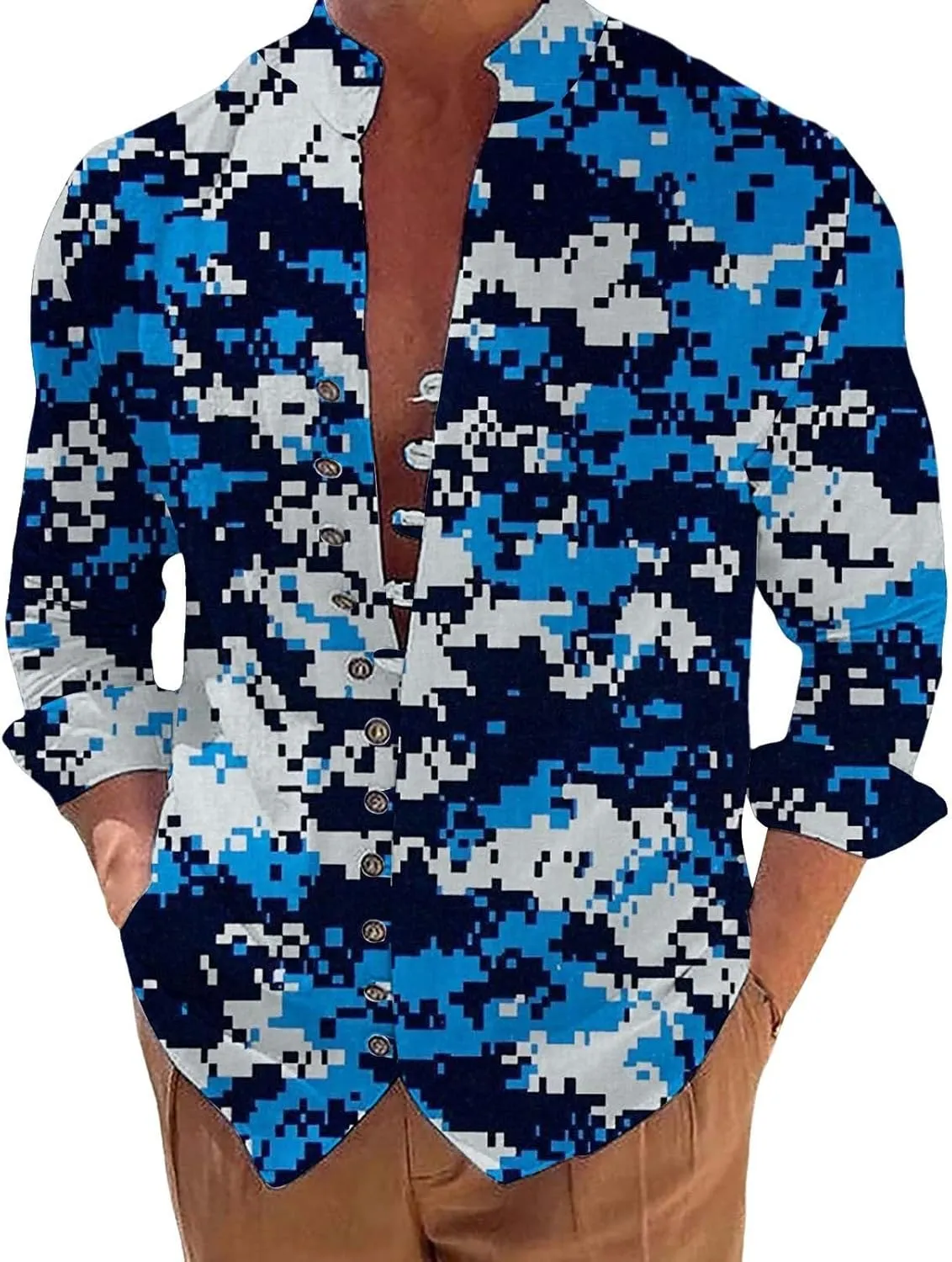 Mens Long Sleeve Camo Linen Shirts with Frog Buttons Stand Collar Travel Work Shirt Slim Fit Yoga Hawaiian Tunic Tops