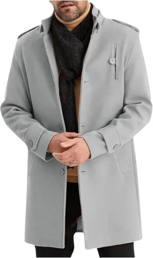 Mens Mid Long Trench Coat Winter Buttons Peacoats Casual Business Warm Woolen Overcoat Stand Collar Windproof Jacket