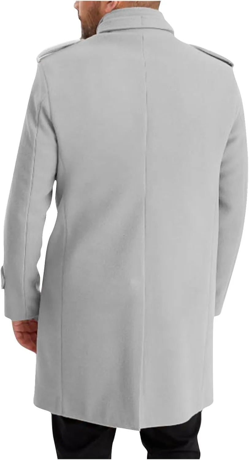 Mens Mid Long Trench Coat Winter Buttons Peacoats Casual Business Warm Woolen Overcoat Stand Collar Windproof Jacket
