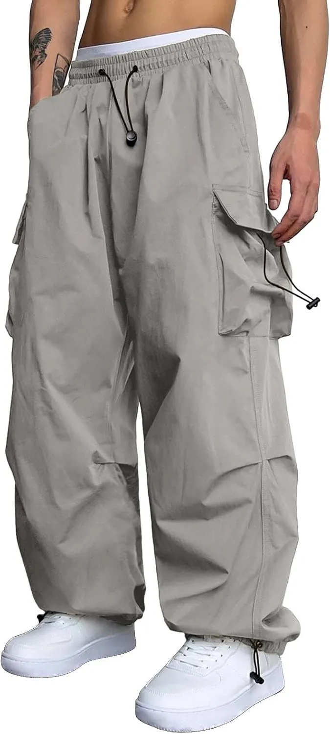 Mens Parachute Cargo Pants Casual Cotton Stretchy Drawstring Pant Outdoor Pants with Pockets