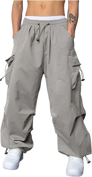 Mens Parachute Cargo Pants Casual Cotton Stretchy Drawstring Pant Outdoor Pants with Pockets