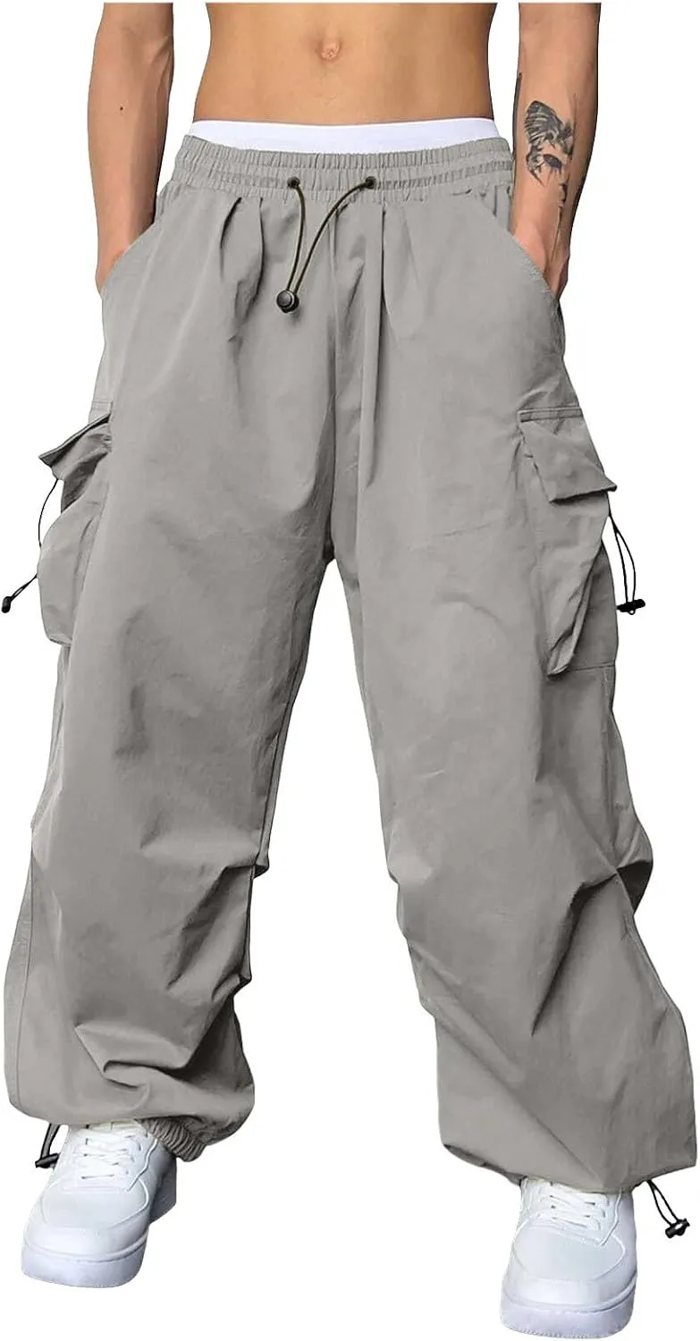 Mens Parachute Cargo Pants Casual Cotton Stretchy Drawstring Pant Outdoor Pants with Pockets