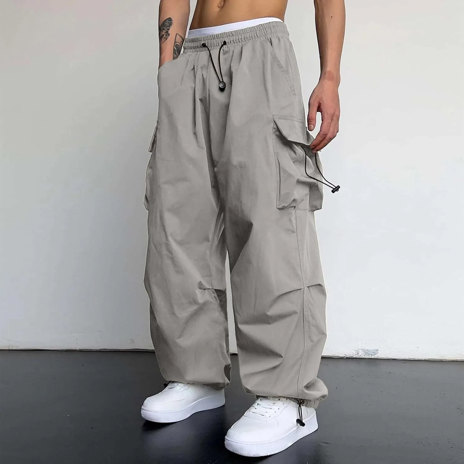 Mens Parachute Cargo Pants Casual Cotton Stretchy Drawstring Pant Outdoor Pants with Pockets