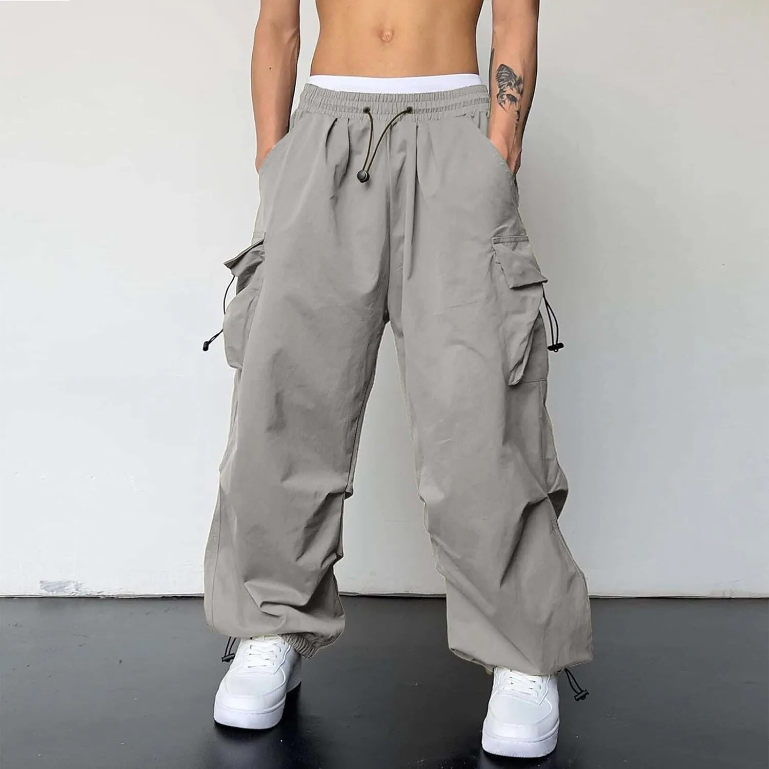 Mens Parachute Cargo Pants Casual Cotton Stretchy Drawstring Pant Outdoor Pants with Pockets