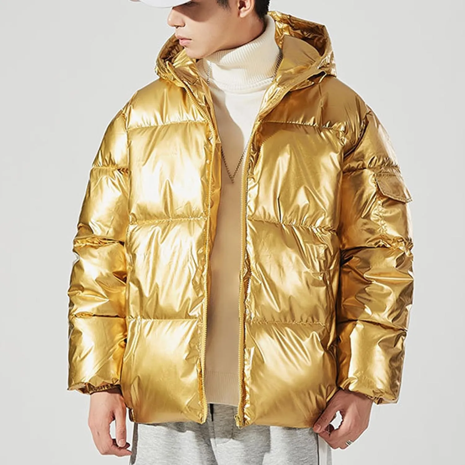 Men's Shiny Winter Jacket Heavyweight Puffer Jackets Casual Coat for Men Full Zip Windproof Stand Collar Down Jacket