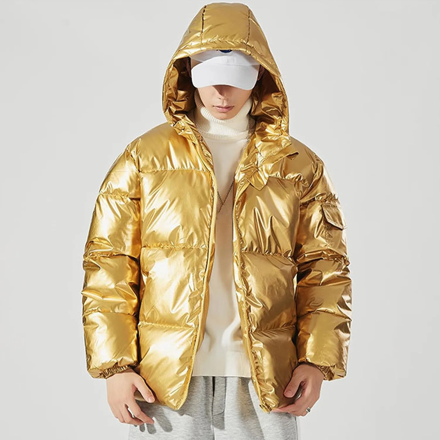 Men's Shiny Winter Jacket Heavyweight Puffer Jackets Casual Coat for Men Full Zip Windproof Stand Collar Down Jacket