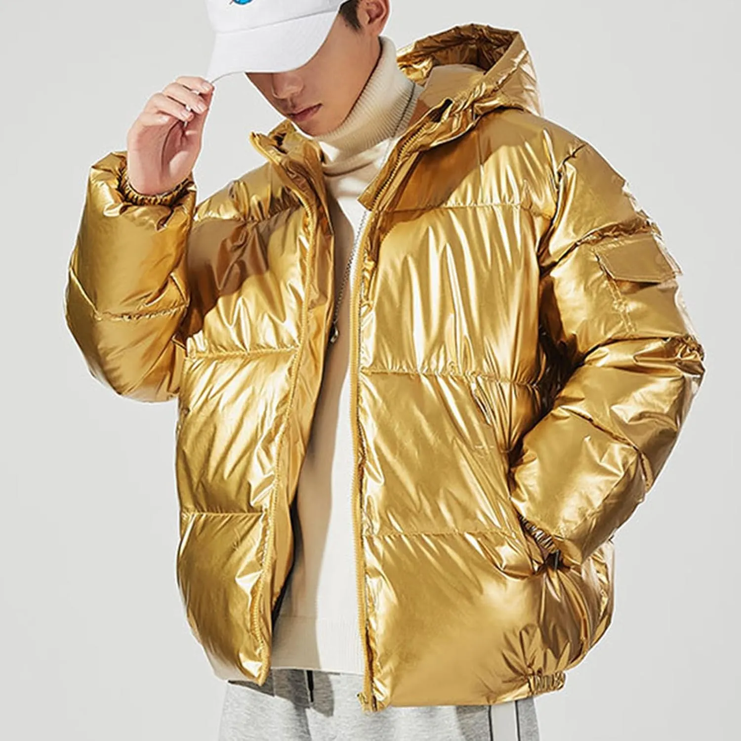 Men's Shiny Winter Jacket Heavyweight Puffer Jackets Casual Coat for Men Full Zip Windproof Stand Collar Down Jacket