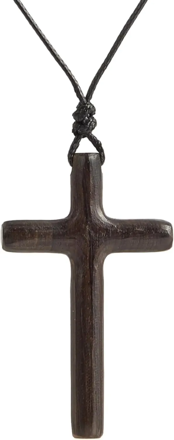 Men's Wooden Cross Necklaces Real Handcrafted Ebony Wood Cross Pendants With Leather Necklaces Men's Black Cross Necklaces Christian Baptism Crucifix Pendant for Men