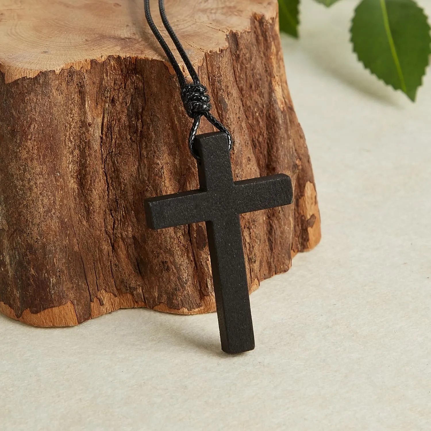 Men's Wooden Cross Necklaces Real Handcrafted Wood Cross Pendants With Leather Necklaces Men's Black Cross Necklaces Christian Baptism Crucifix Pendant for Men