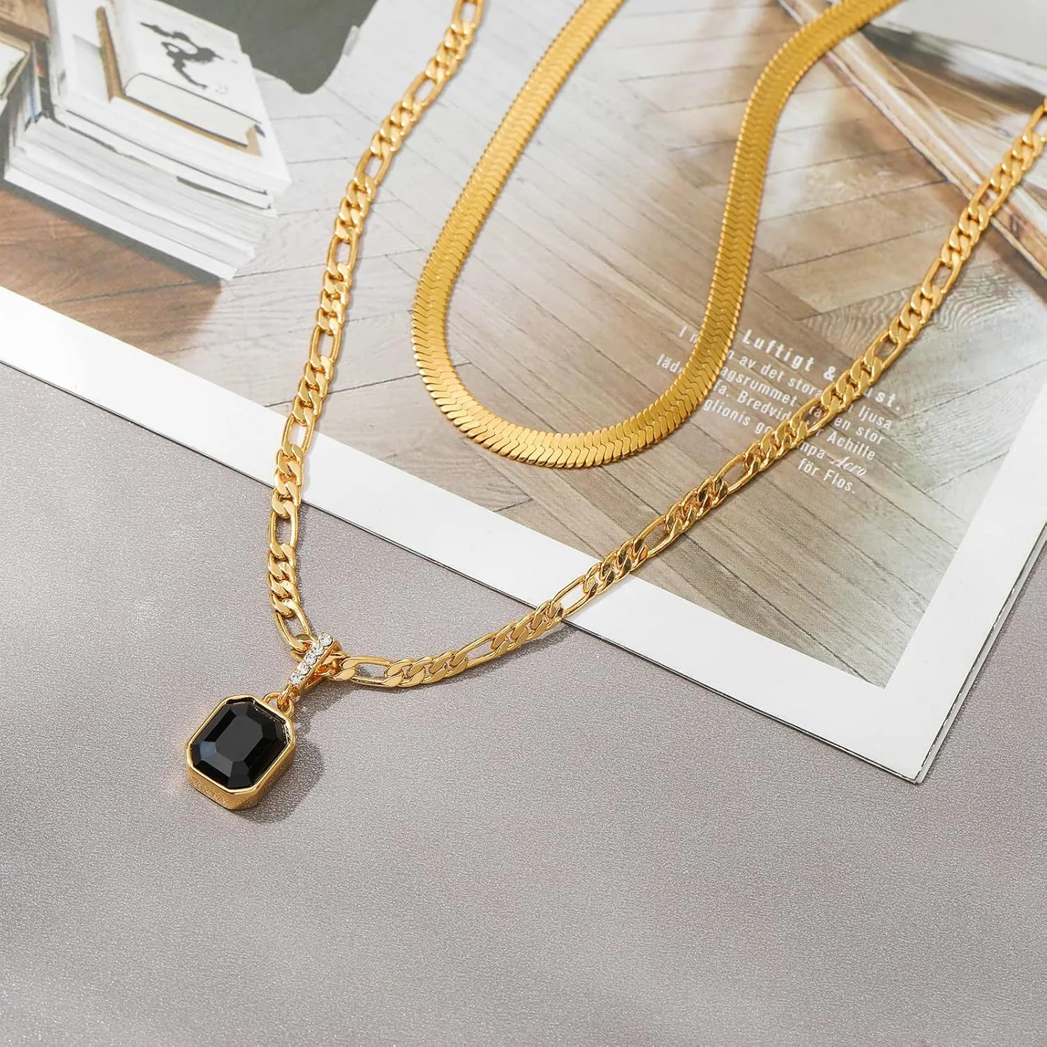Mesovor Gold Crystal Layered Necklaces for Women Trendy, 18K Gold Plated Statement Crystal Pendant Necklace | Birthstone Necklace Jewelry Gifts