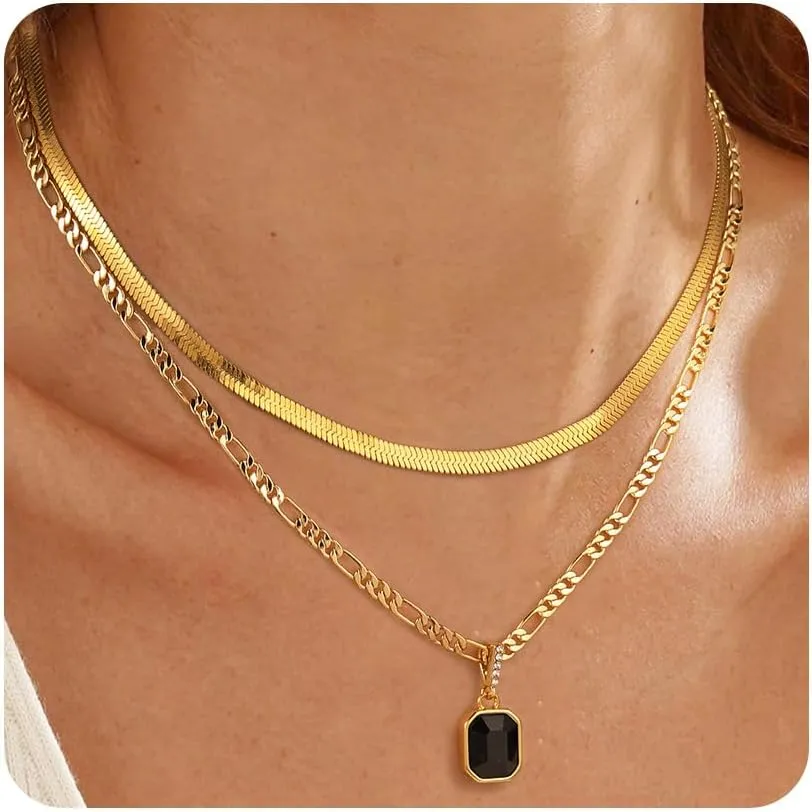 Mesovor Gold Crystal Layered Necklaces for Women Trendy, 18K Gold Plated Statement Crystal Pendant Necklace | Birthstone Necklace Jewelry Gifts