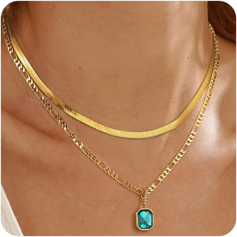 Mesovor Gold Crystal Layered Necklaces for Women Trendy, 18K Gold Plated Statement Crystal Pendant Necklace | Birthstone Necklace Jewelry Gifts