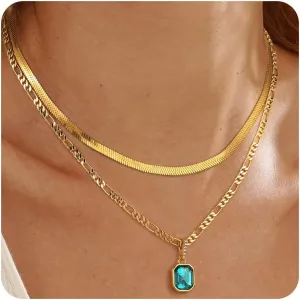 Mesovor Gold Crystal Layered Necklaces for Women Trendy, 18K Gold Plated Statement Crystal Pendant Necklace | Birthstone Necklace Jewelry Gifts