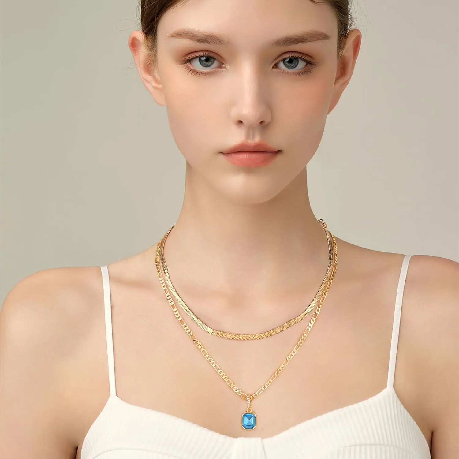 Mesovor Gold Crystal Layered Necklaces for Women Trendy, 18K Gold Plated Statement Crystal Pendant Necklace | Birthstone Necklace Jewelry Gifts