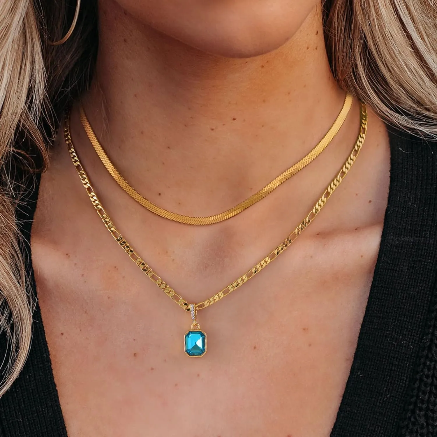 Mesovor Gold Crystal Layered Necklaces for Women Trendy, 18K Gold Plated Statement Crystal Pendant Necklace | Birthstone Necklace Jewelry Gifts