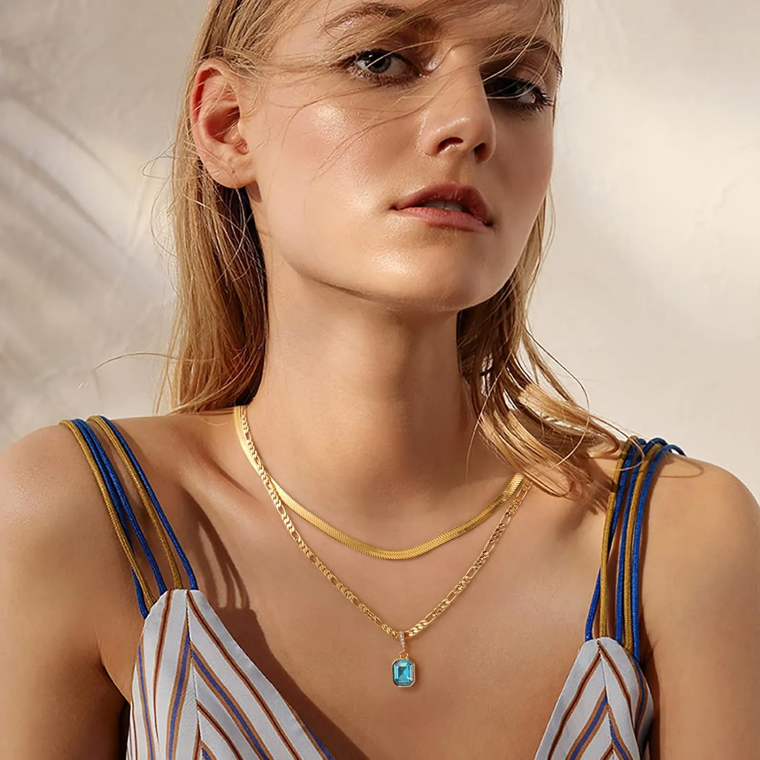 Mesovor Gold Crystal Layered Necklaces for Women Trendy, 18K Gold Plated Statement Crystal Pendant Necklace | Birthstone Necklace Jewelry Gifts