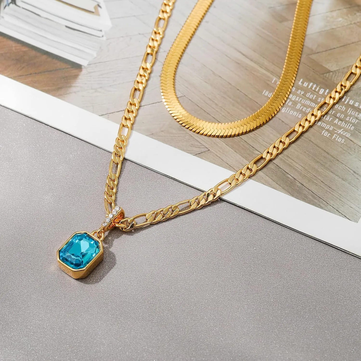 Mesovor Gold Crystal Layered Necklaces for Women Trendy, 18K Gold Plated Statement Crystal Pendant Necklace | Birthstone Necklace Jewelry Gifts