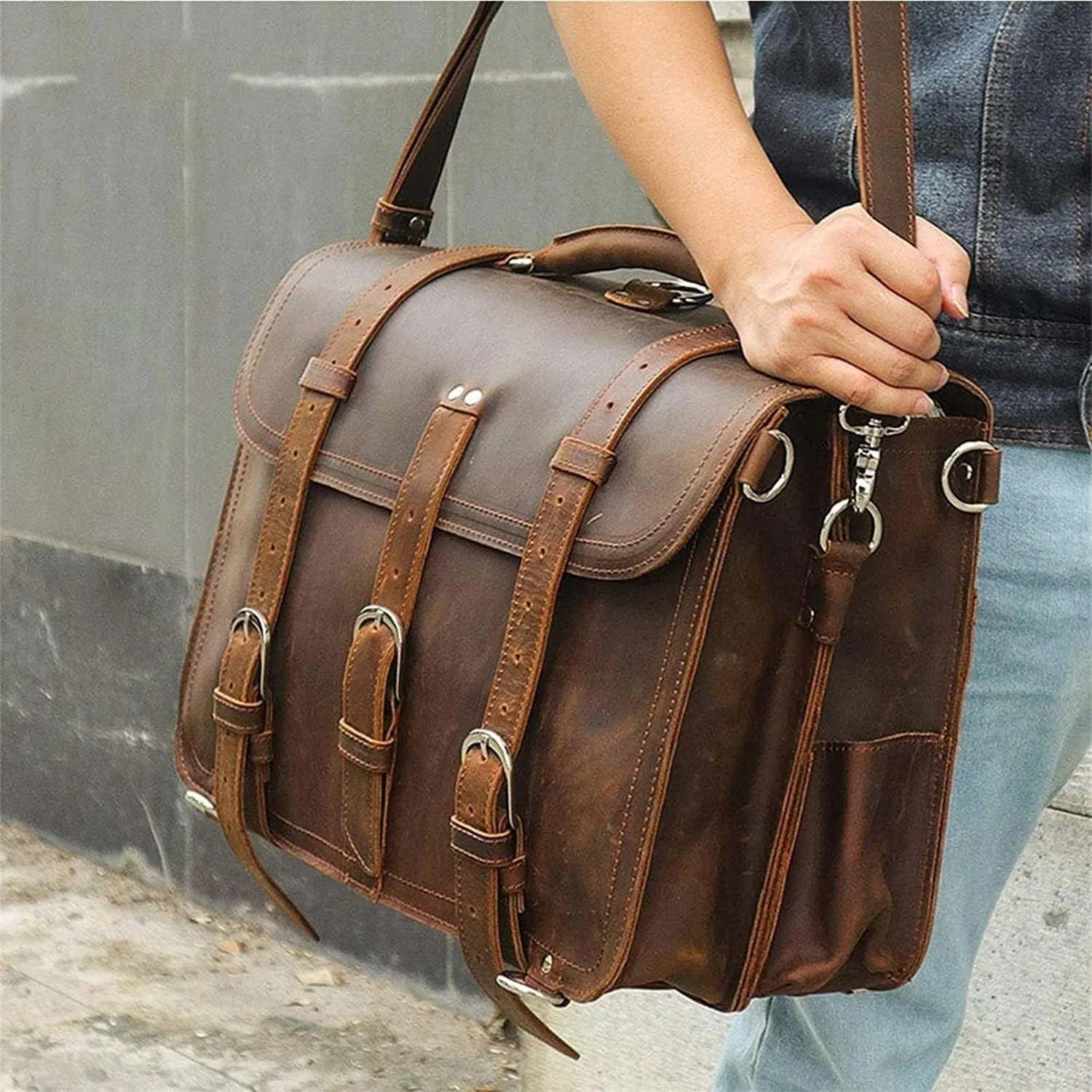 Messenger Bag, Genuine Leather Men's Briefcases 15.6" Laptop Bag Office Bags for Men Document Business Shoulder Messenger Bag