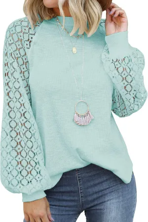 MIHOLL Womens Long Sleeve Tops Lace Casual Loose Blouses T Shirts