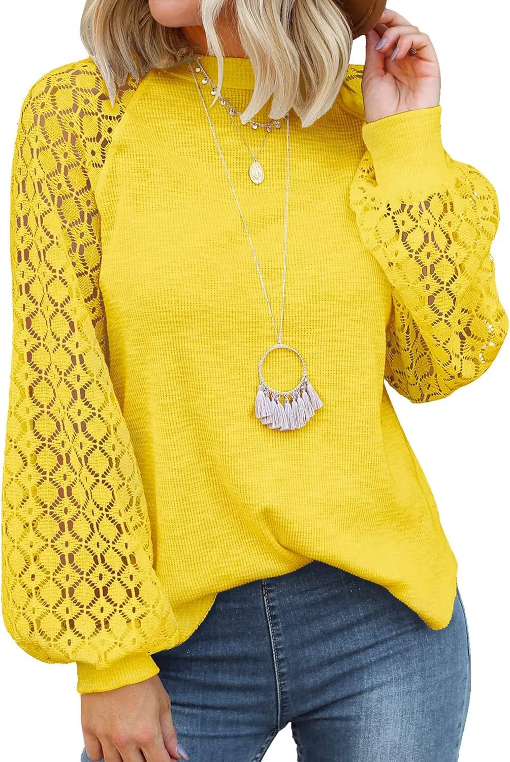 MIHOLL Womens Long Sleeve Tops Lace Casual Loose Blouses T Shirts