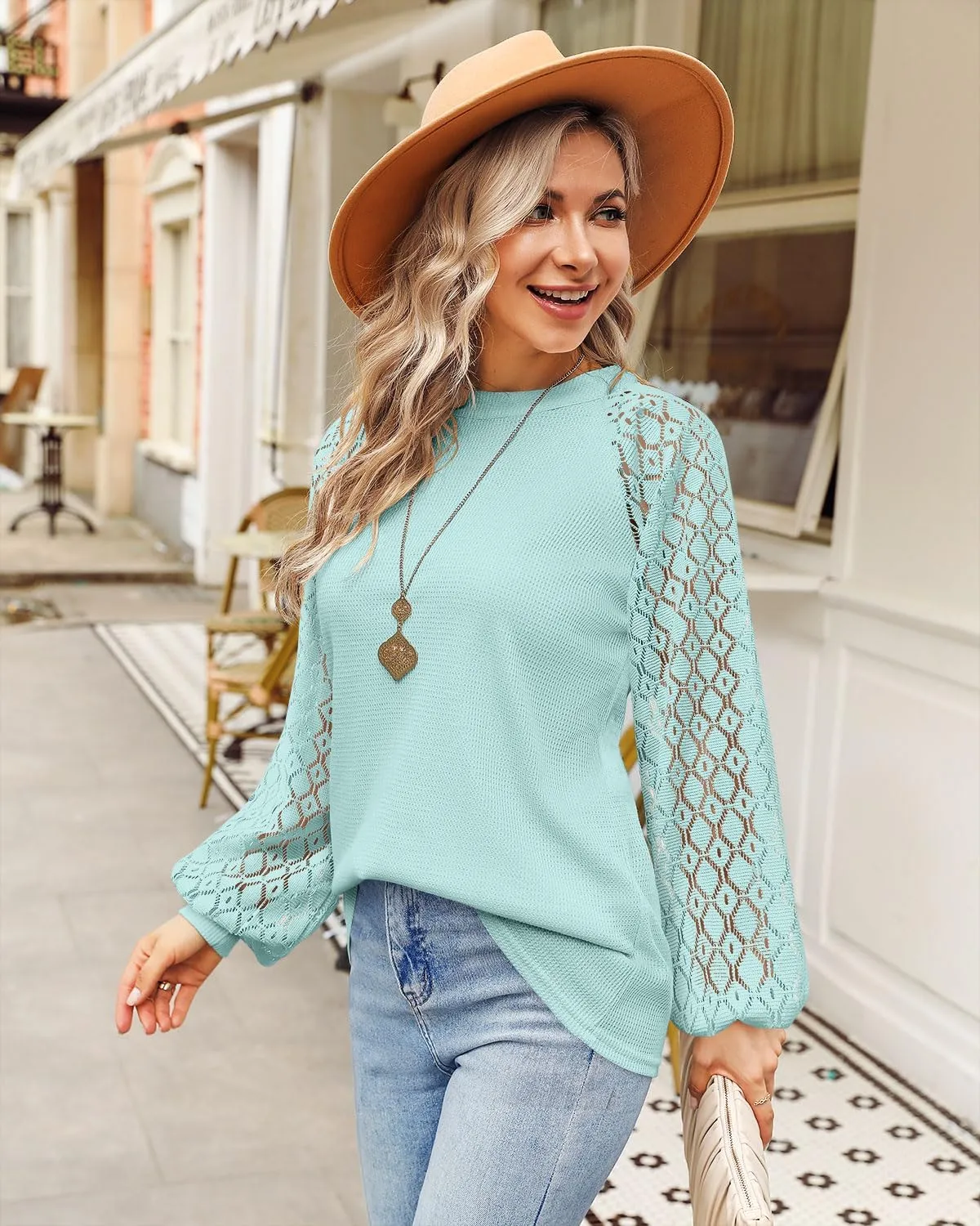 MIHOLL Womens Long Sleeve Tops Lace Casual Loose Blouses T Shirts