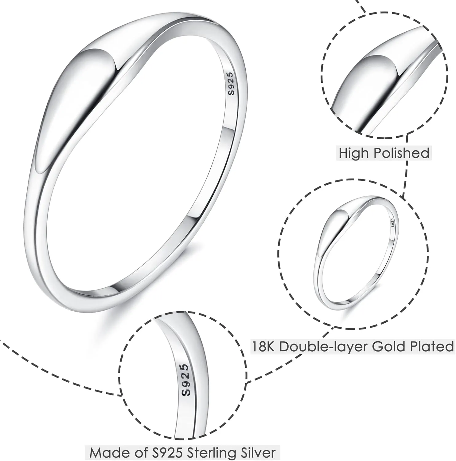 MILACOLATO 925 Sterling Silver Rings for Women 18K White Gold Plated Dome Oval Plain Signet Rings Tarnish Resistant Stackable Statement Band Thumb Rings Comfort Fit Size 5-10