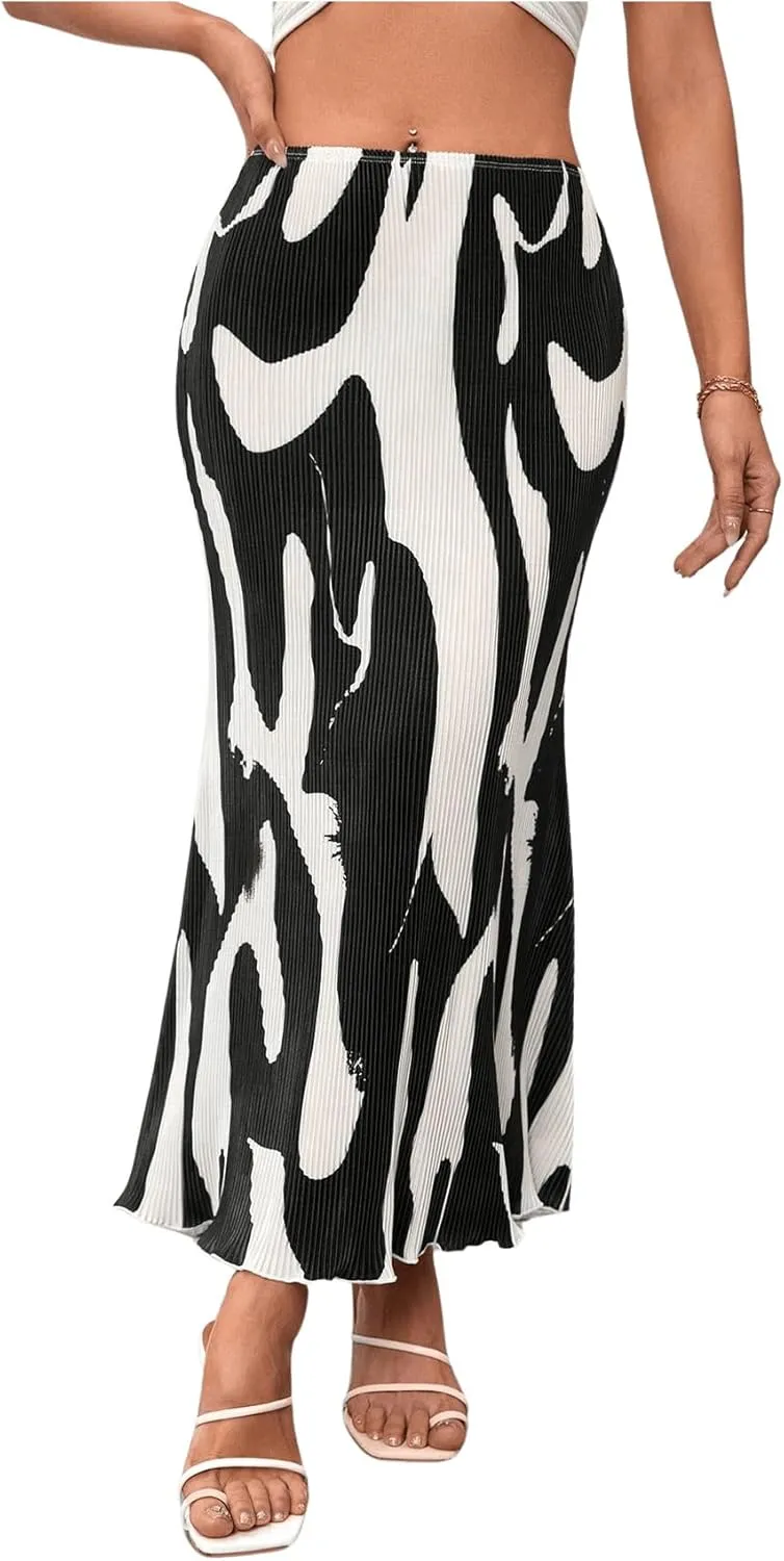 Milumia Women Elegant Pleated Midi Skirt Graphic Business Casual Pencil Skirts