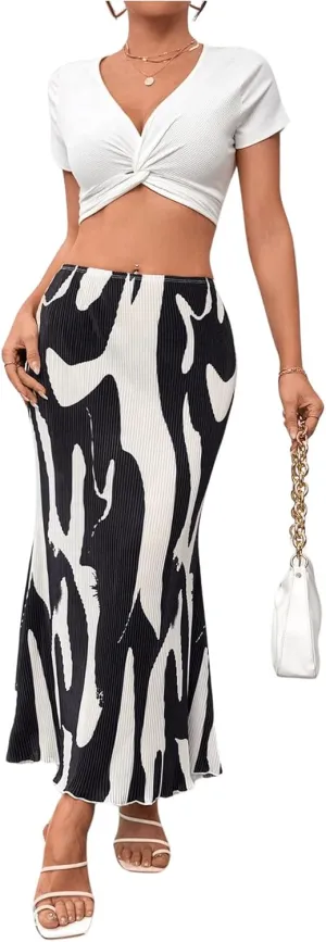 Milumia Women Elegant Pleated Midi Skirt Graphic Business Casual Pencil Skirts