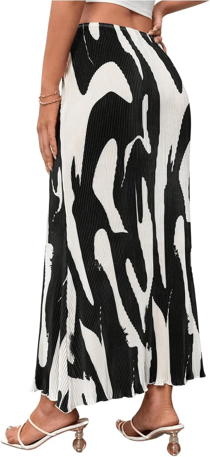 Milumia Women Elegant Pleated Midi Skirt Graphic Business Casual Pencil Skirts