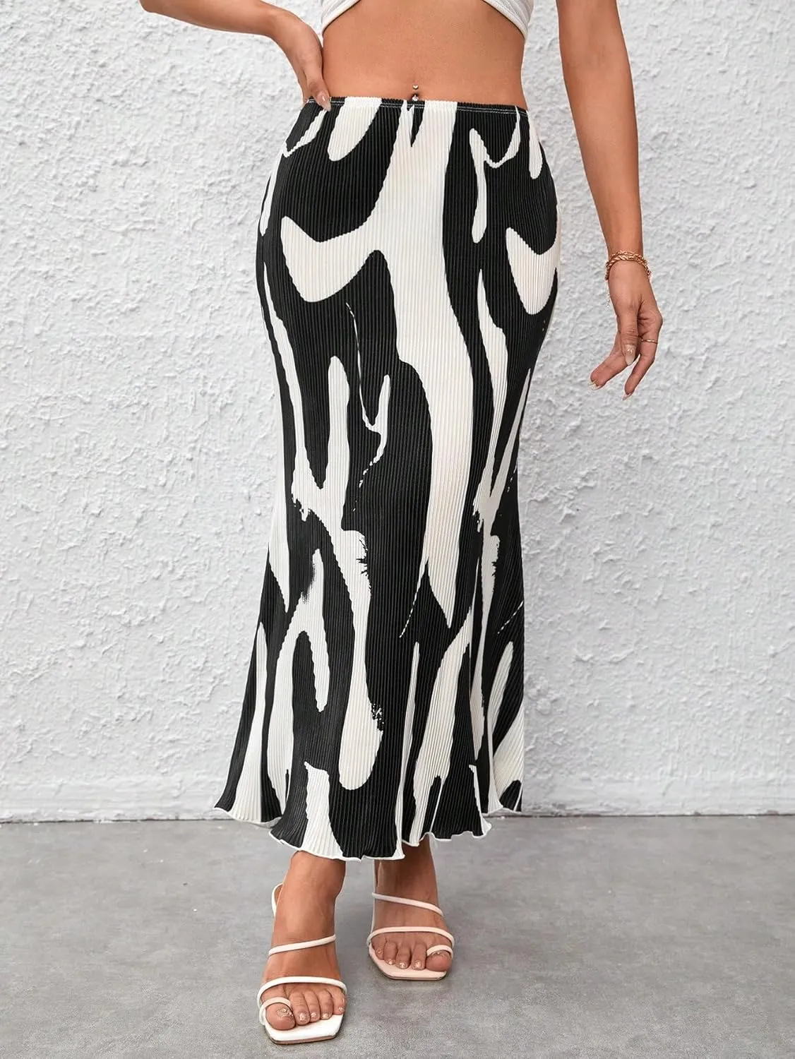 Milumia Women Elegant Pleated Midi Skirt Graphic Business Casual Pencil Skirts