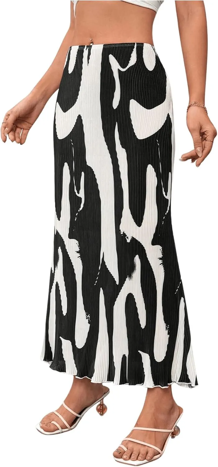 Milumia Women Elegant Pleated Midi Skirt Graphic Business Casual Pencil Skirts
