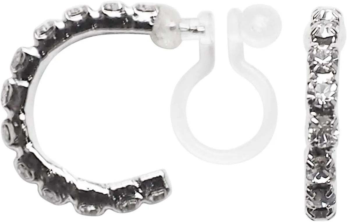 Miyabi Grace Women's Crystal Rhinestone Invisible Hoop Clip On Earrings (Silver)