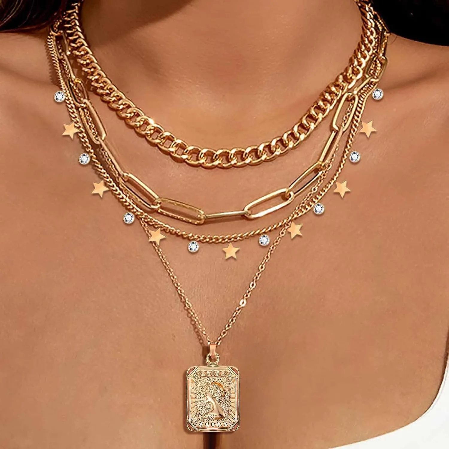 MJartoria Gold Layered Necklaces for Women Trendy Retro Square Pendant Necklace Dainty Chunky Chain Choker Necklaces for Jewelry Birthday Gifts