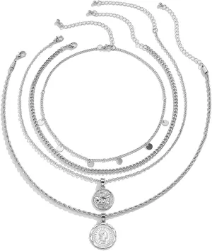 MJartoria Layered Necklaces for Women Trendy Retro Coin Pendant Chain Necklaces Dainty Link Chain Choker Necklaces for Jewelry Birthday Gifts