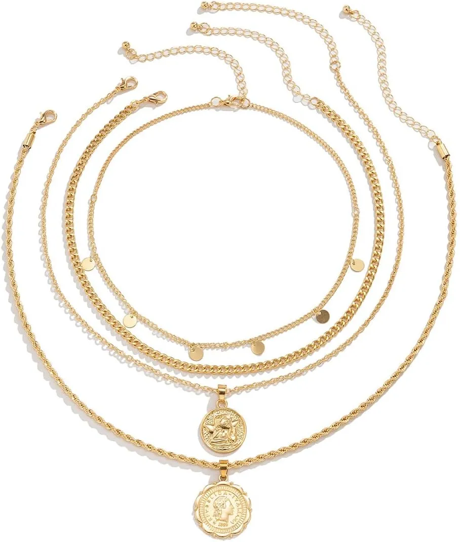 MJartoria Layered Necklaces for Women Trendy Retro Coin Pendant Chain Necklaces Dainty Link Chain Choker Necklaces for Jewelry Birthday Gifts