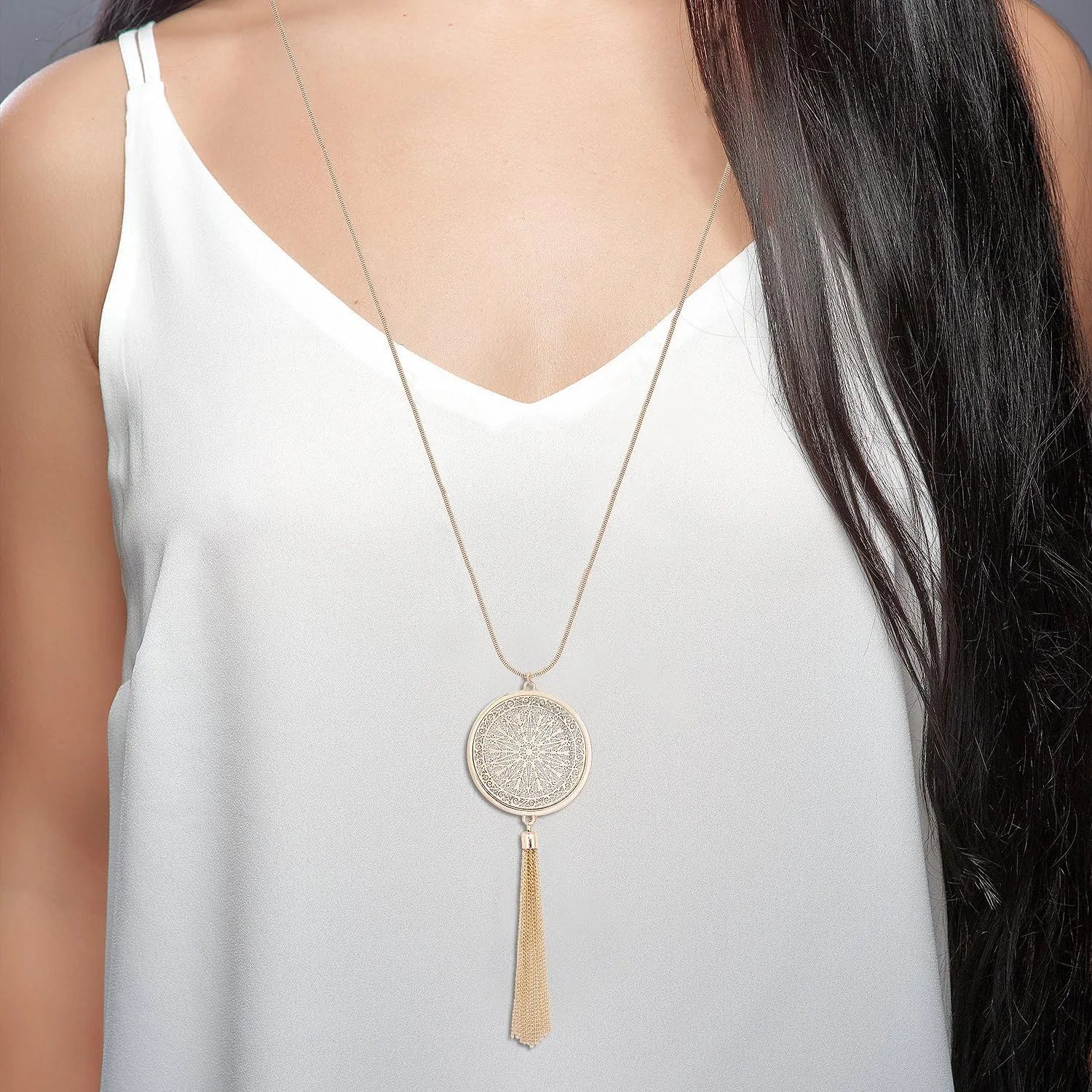 MOLOCH Long Necklaces For Woman Disk Circle Pendant Necklaces Tassel Fringe Necklace Set Statement Pendant