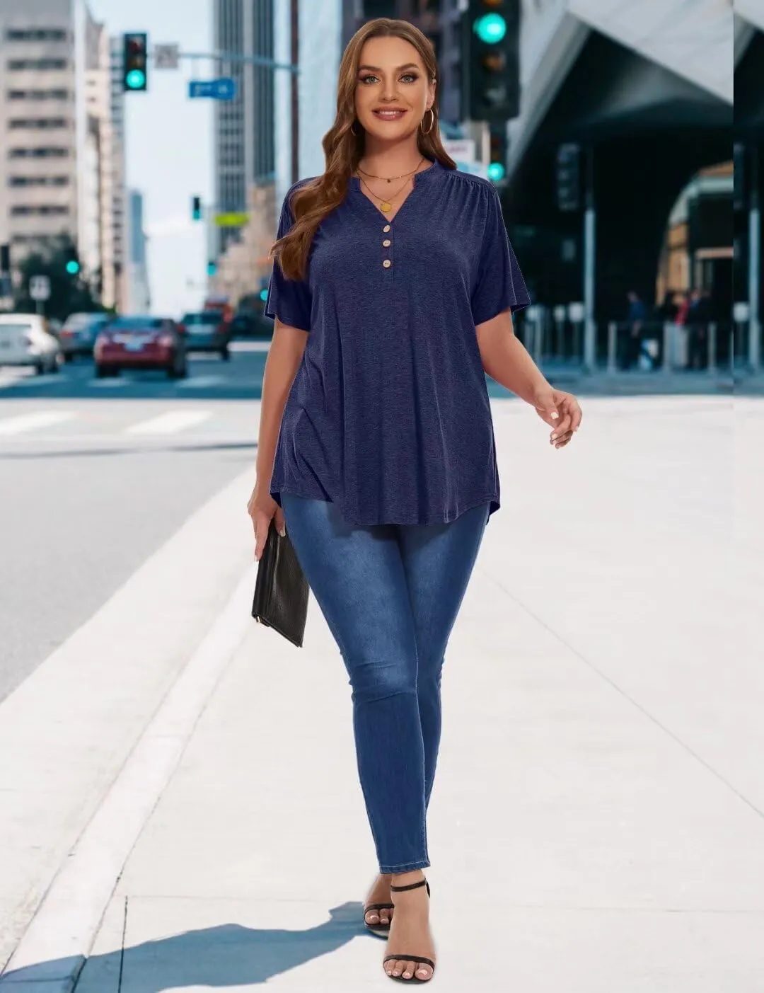 MONNURO Womens Plus Size Tops Short Sleeve Henley Button Down T Shirts Blouses